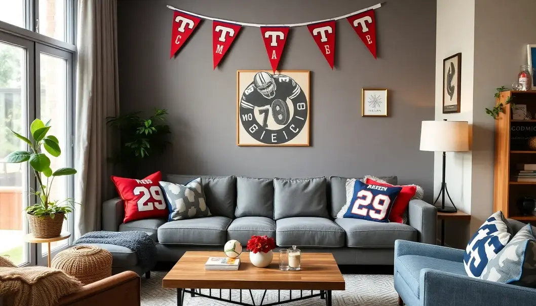 Score Big: DIY Sports-Themed Weekend Projects for Beginners Living room with sports-themed decorations, including banners and jerseys.