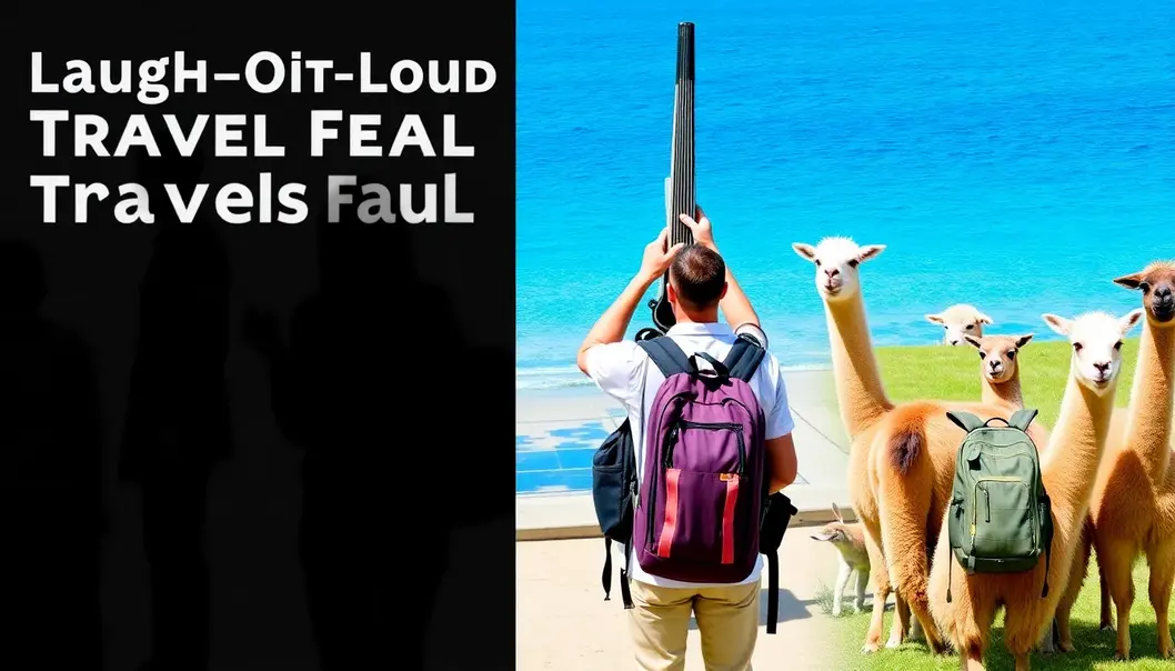 Laugh-Out-Loud Travel Fails: Hilarious Mishaps on the Road A collage showing various amusing travel mishaps in a photorealistic style.